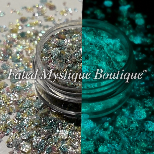 Frosted Sage chunky color-shifting glow-in-the-dark glitter for tumbler and craft projects; side-by-side effects with Fated Mystique Boutique™ watermark