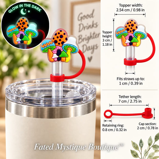Mushroom #3 straw topper shown in use with measurements and Fated Mystique Boutique watermark