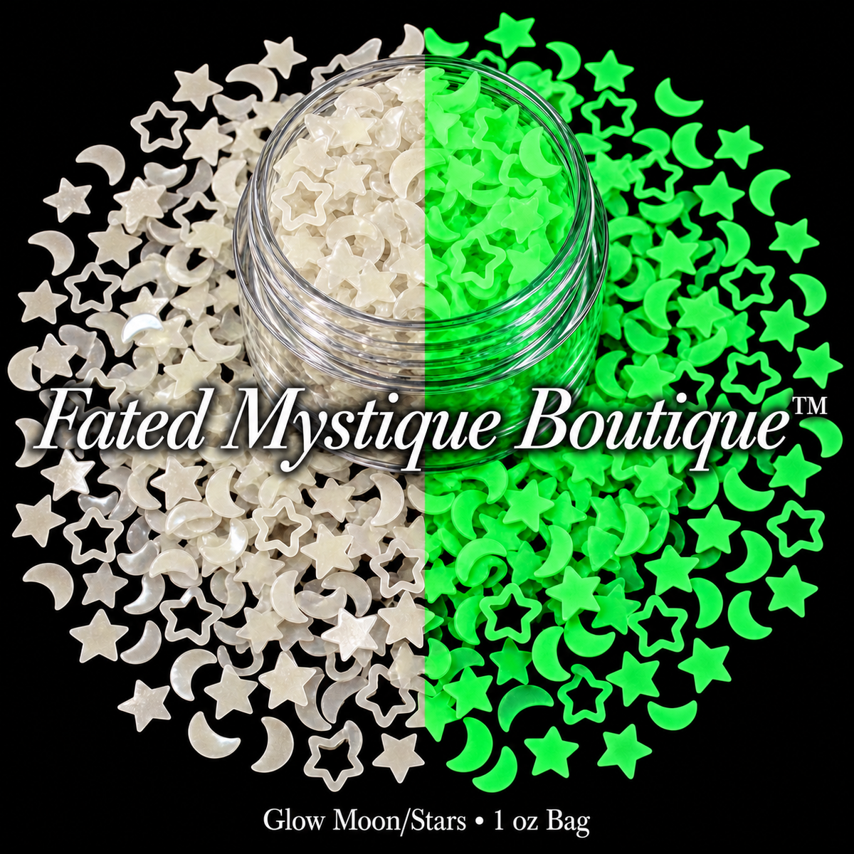 Ivory crescent moons, solid and hollow stars with green glow comparison, displayed in a clear jar on black.