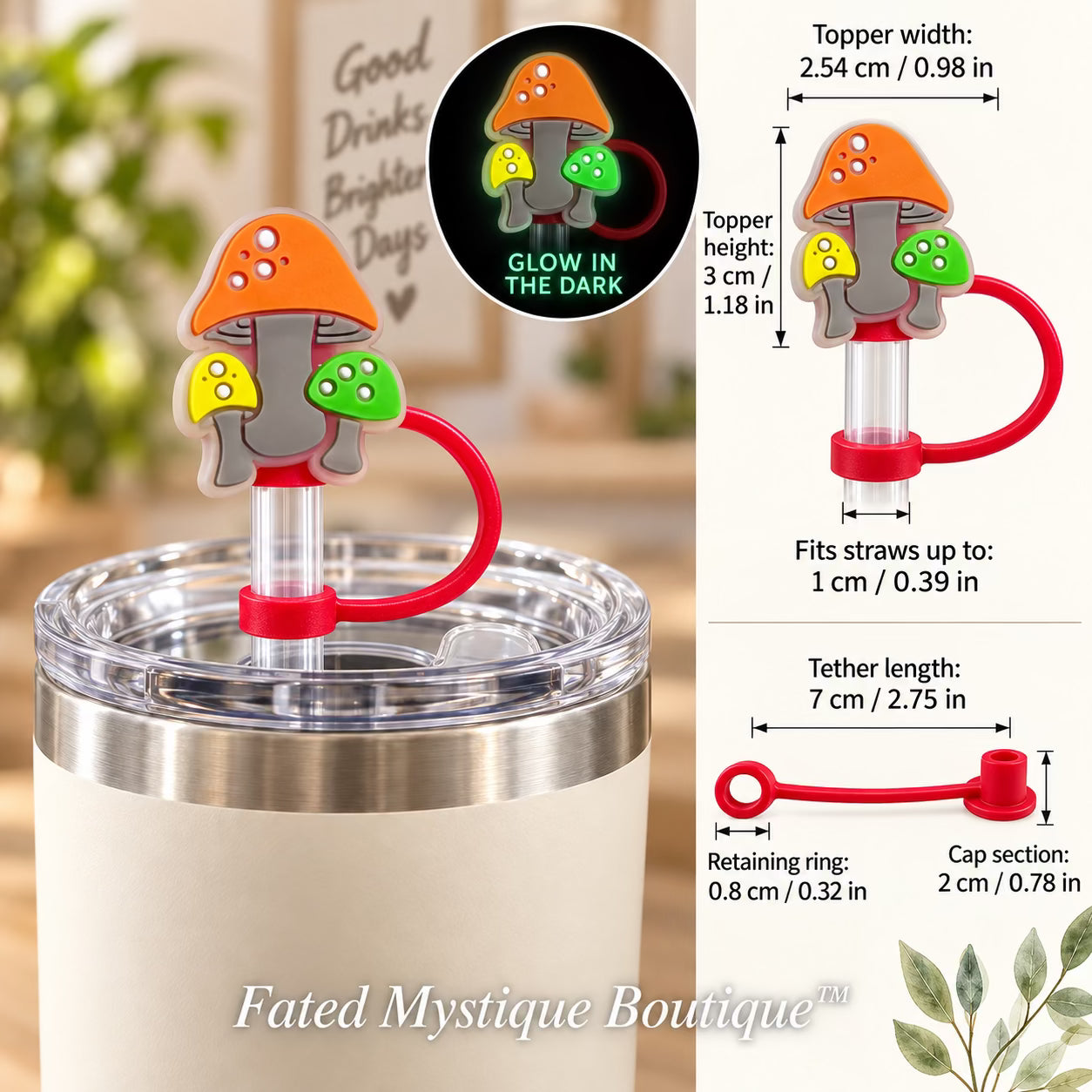 Mushroom #10 straw topper shown in use with measurements and Fated Mystique Boutique watermark