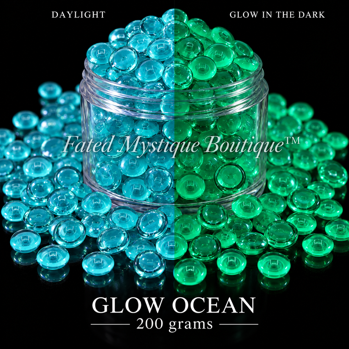 GLOW OCEAN, 200 grams, acrylic beads overflowing a centered clear jar on black, daylight and glow-in-the-dark views — Fated Mystique Boutique