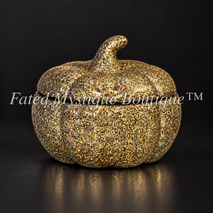 Gold glitter pumpkin trinket jar with lid for autumn tabletop decor — Fated Mystique Boutique