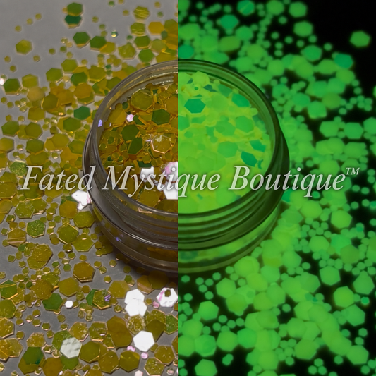 Golden Firefly chunky color-shifting glow-in-the-dark glitter for tumbler and craft projects; side-by-side effects with Fated Mystique Boutique™ watermark