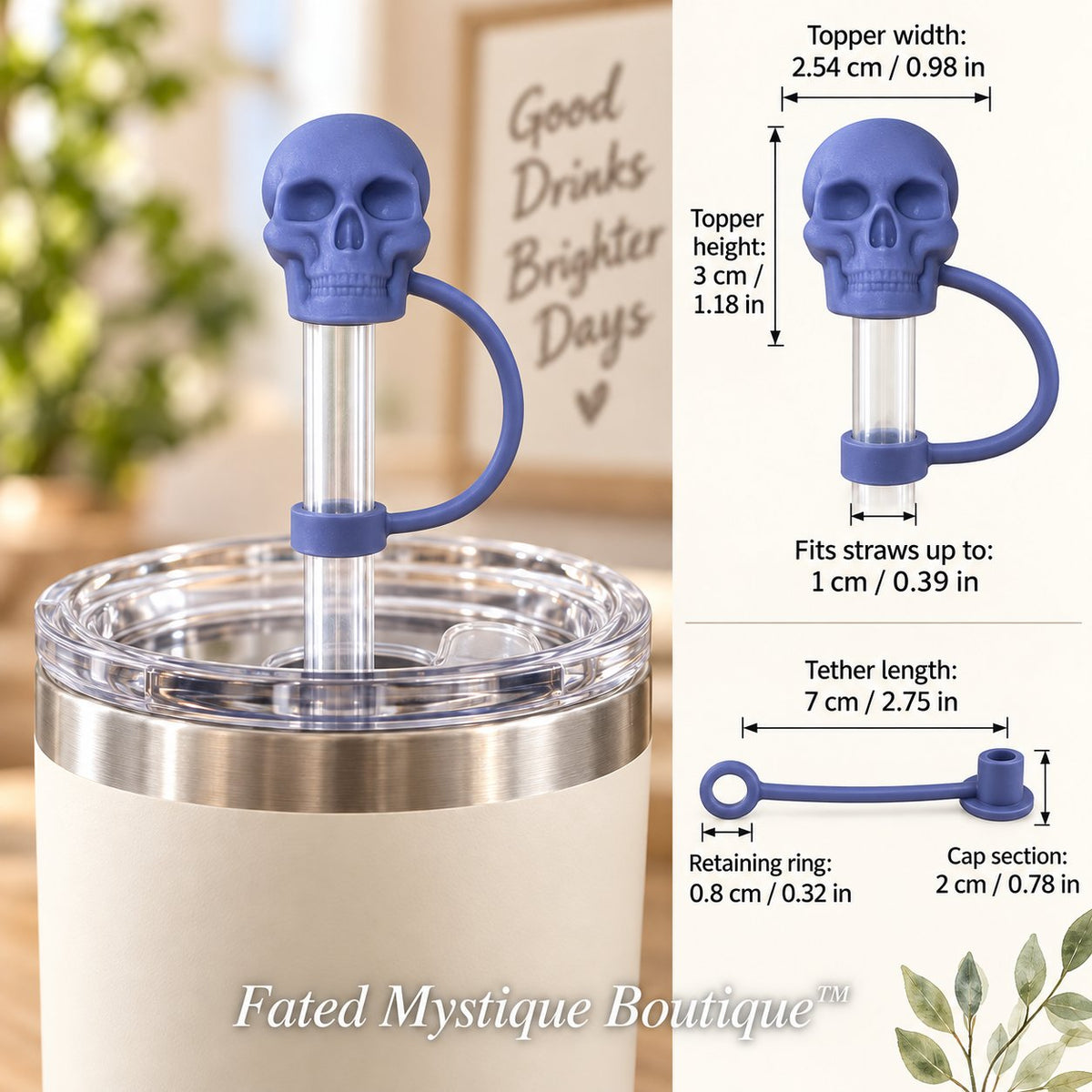 Skull Straw Topper Periwinkle straw topper shown in use with measurements and Fated Mystique Boutique watermark