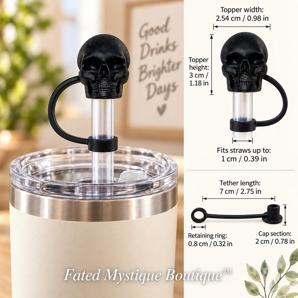 Skull Straw Topper Black straw topper shown in use with measurements and Fated Mystique Boutique watermark