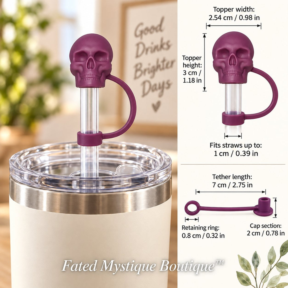 Skull Straw Topper Purple straw topper shown in use with measurements and Fated Mystique Boutique watermark