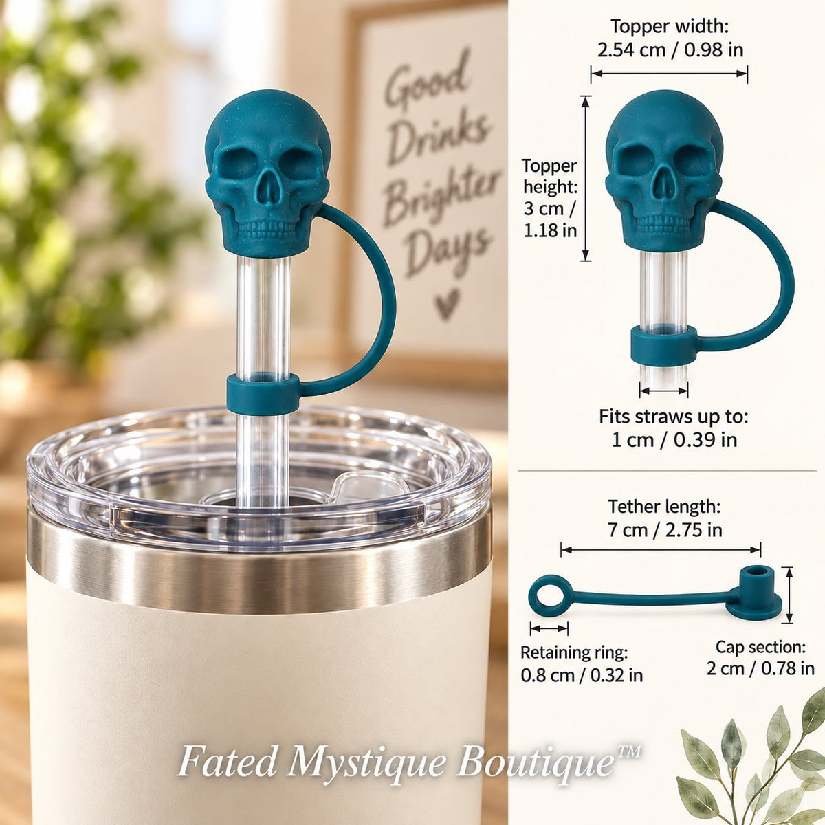 Skull Straw Topper Teal straw topper shown in use with measurements and Fated Mystique Boutique watermark