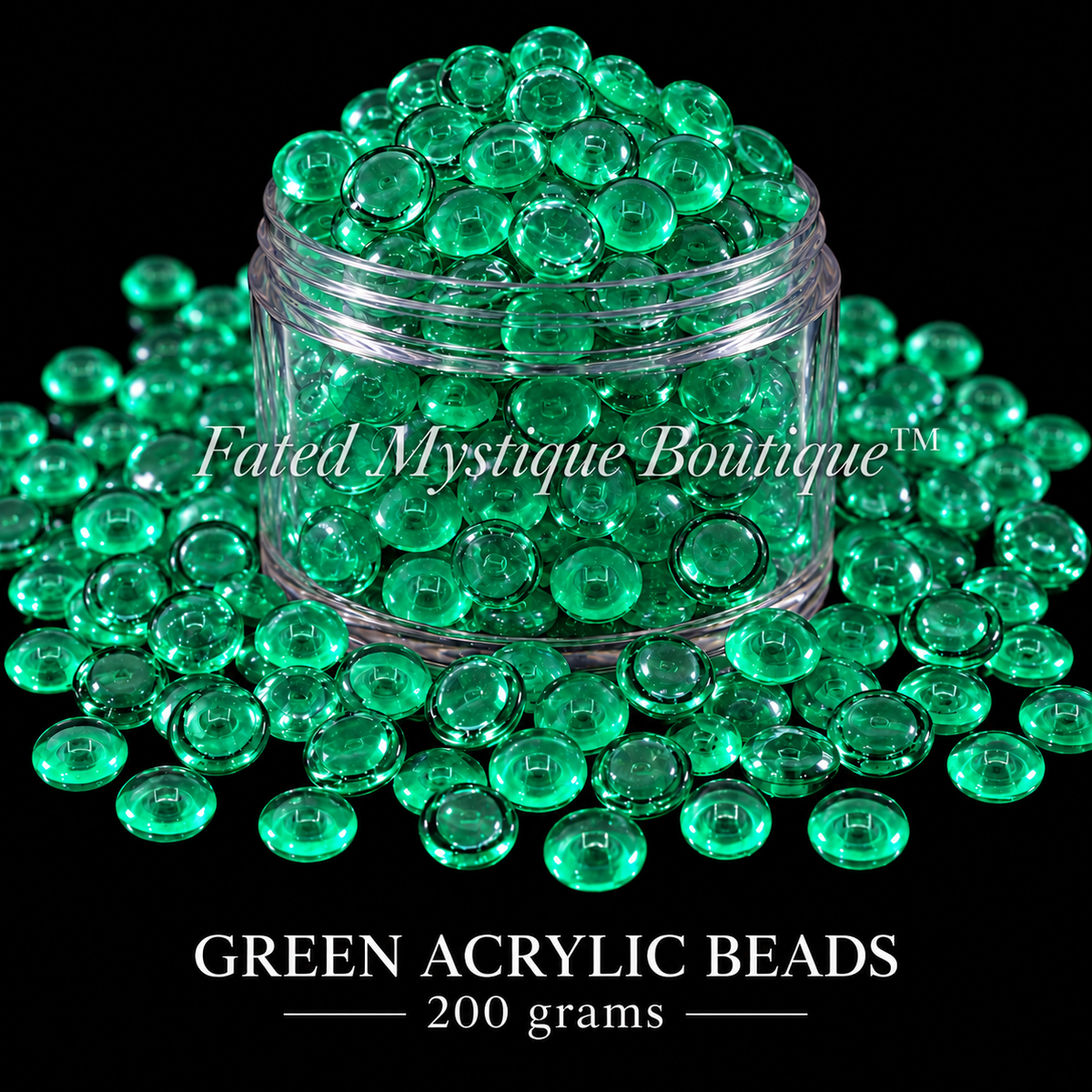 GREEN ACRYLIC BEADS, 200 grams, centered clear jar with overflowing acrylic beads on a solid black background — Fated Mystique Boutique