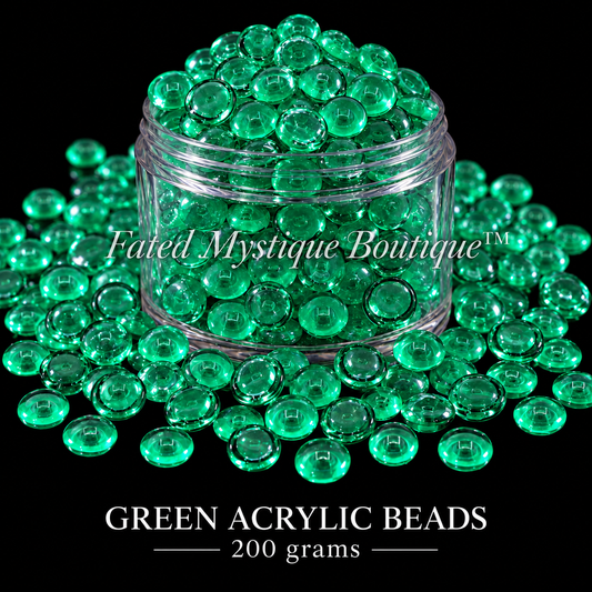 GREEN ACRYLIC BEADS, 200 grams, centered clear jar with overflowing acrylic beads on a solid black background — Fated Mystique Boutique