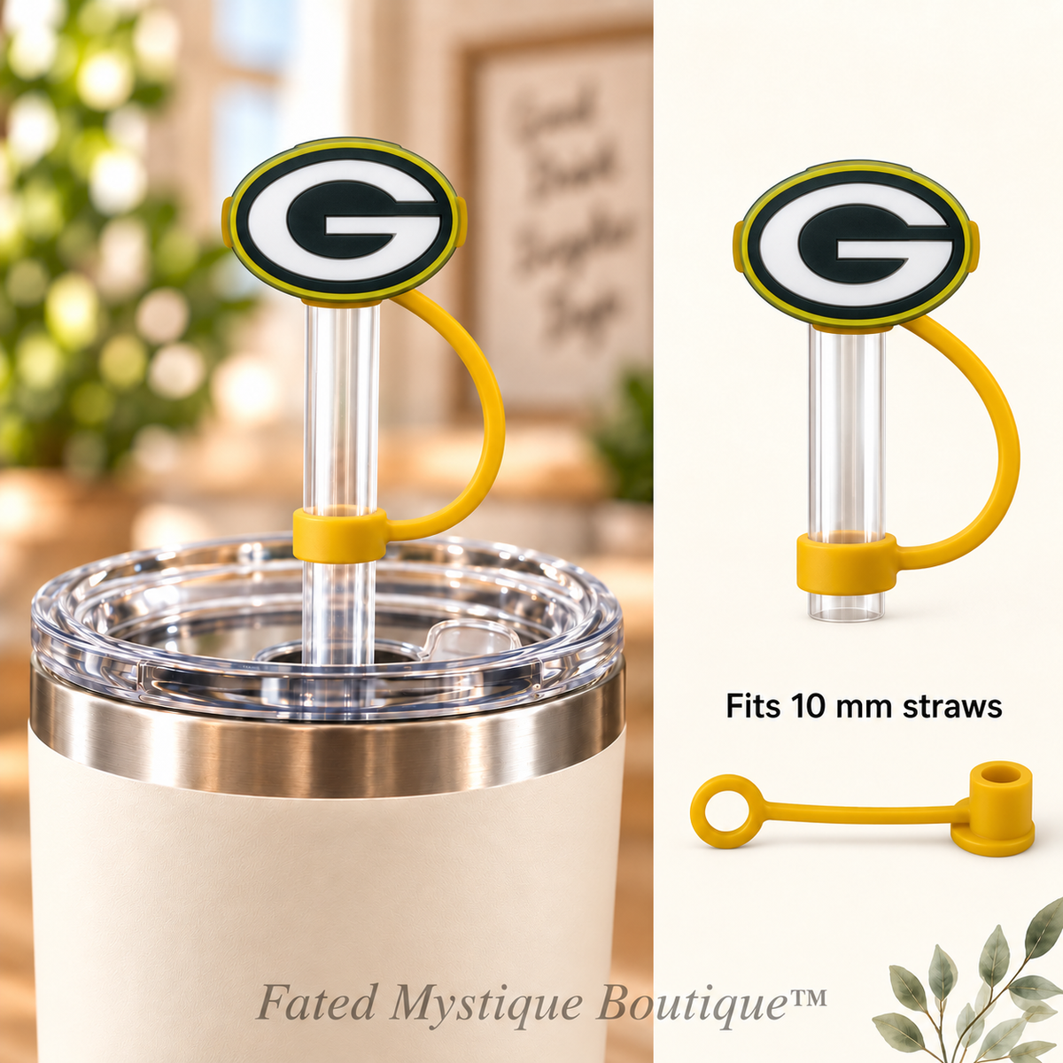Green Bay Packers straw topper with matching tether for 10 mm straws — Fated Mystique Boutique