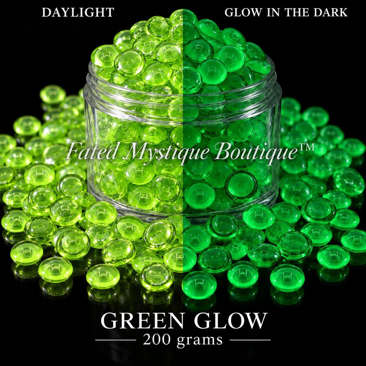 GREEN GLOW, 200 grams, acrylic beads overflowing a centered clear jar on black, daylight and glow-in-the-dark views — Fated Mystique Boutique