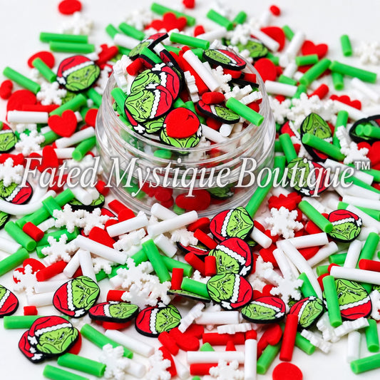 Grinch-inspired Christmas polymer clay slice mix for snow globe tumblers and DIY crafts