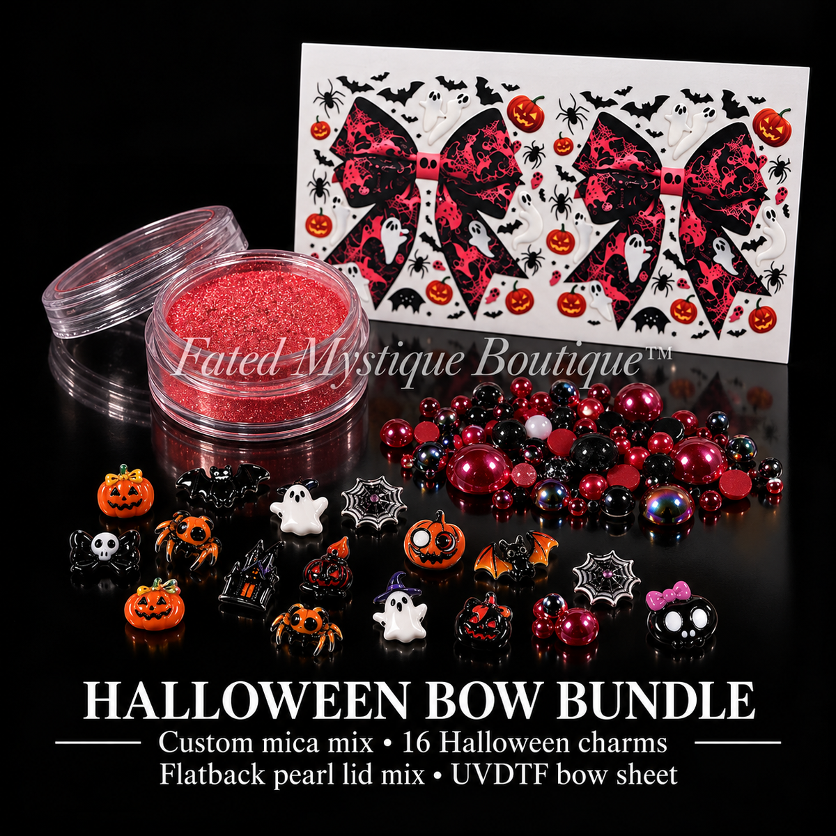 Halloween Bow Bundle with custom mica powder, 16 assorted Halloween charms, halfback pearl lid mix, and two-bow UVDTF sheet