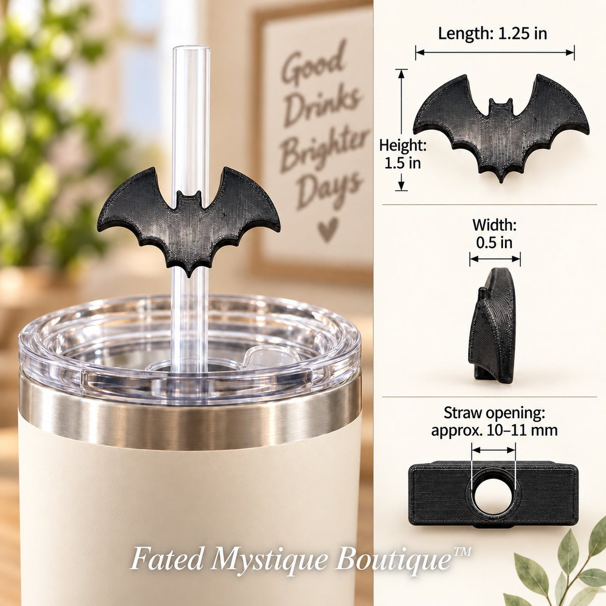 Black Bat 3D printed straw topper in use on warm farmhouse background with dimensions