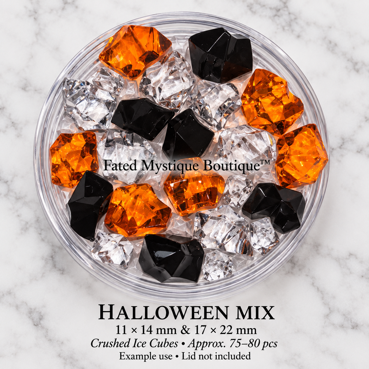 Halloween Mix acrylic crushed ice cubes in transparent orange, glossy opaque black and crystal clear, 11 × 14 mm & 17 × 22 mm, 75–80 pieces per package