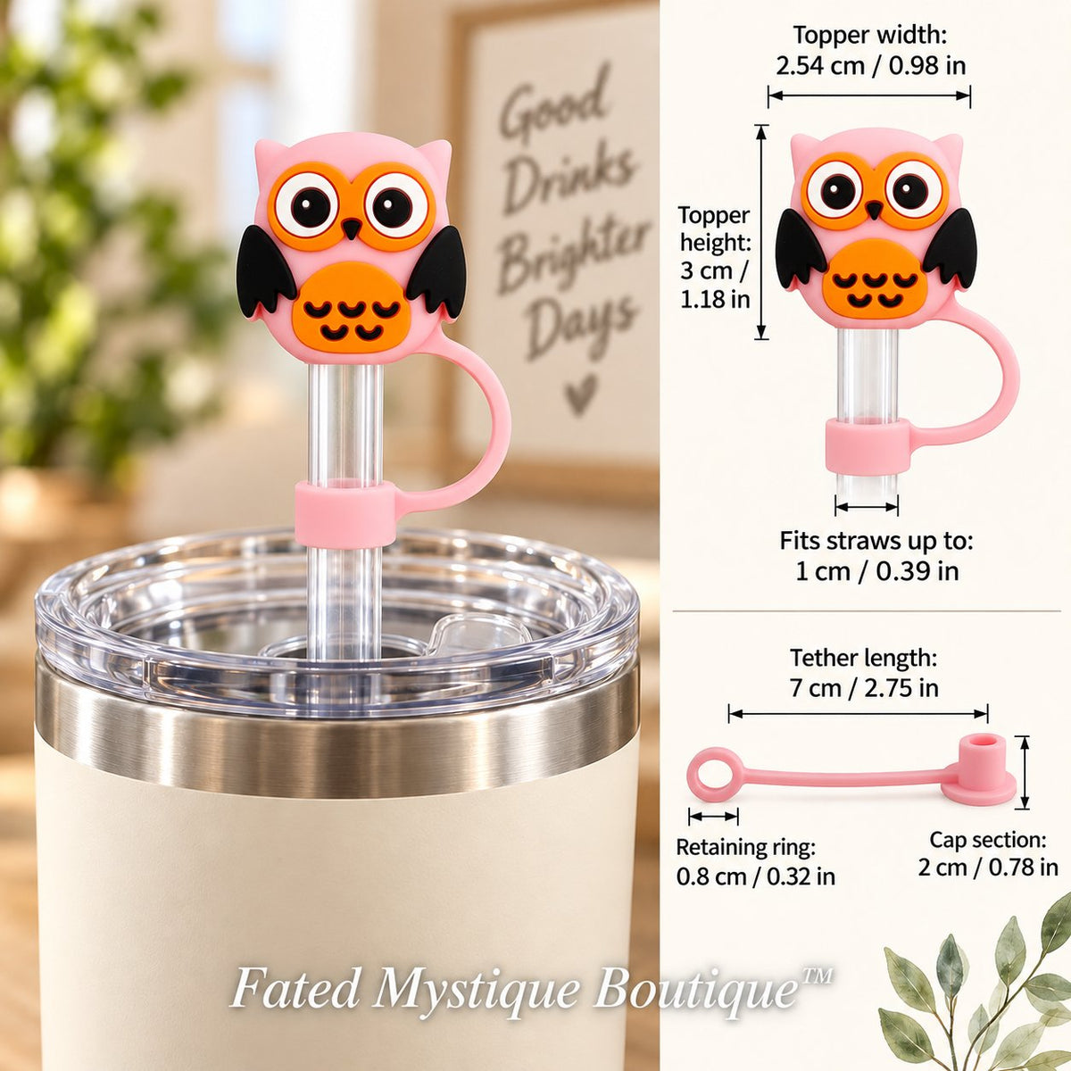 Owl Straw Topper straw topper shown in use with measurements and Fated Mystique Boutique watermark