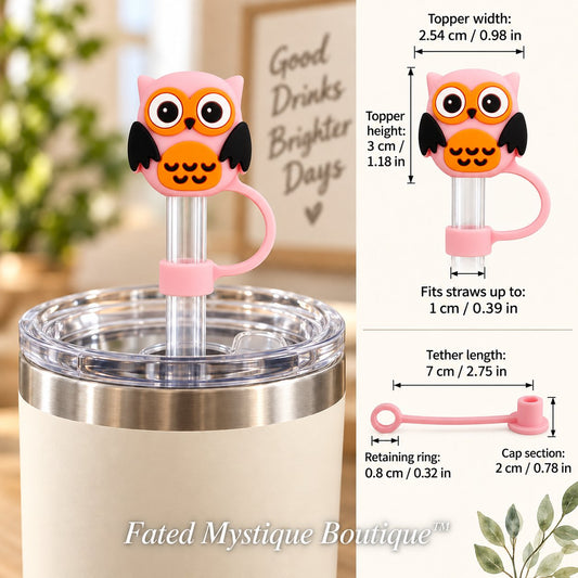 Owl Straw Topper straw topper shown in use with measurements and Fated Mystique Boutique watermark