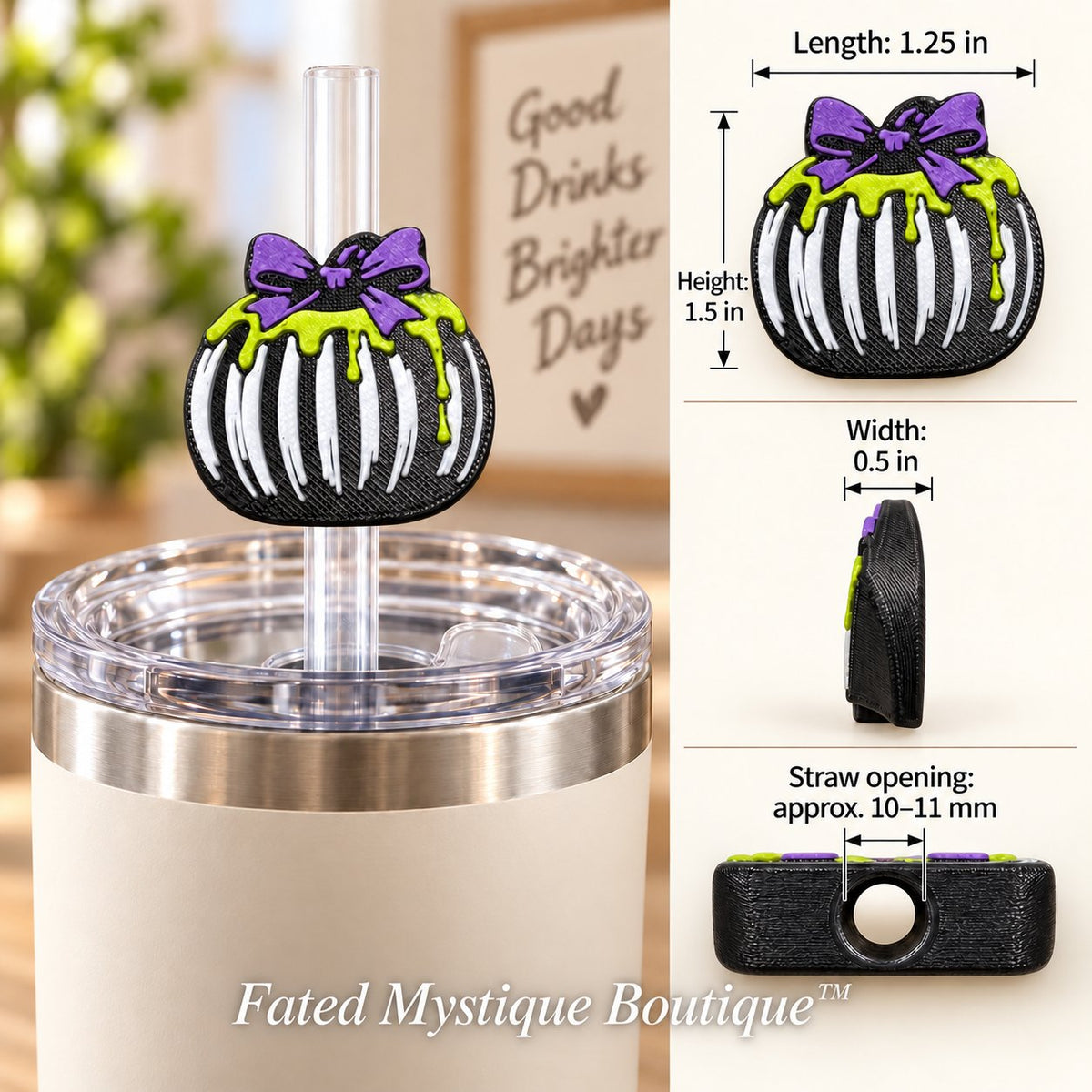 Pumpkin with purple bow 3D printed straw topper in use on warm farmhouse background with dimensions