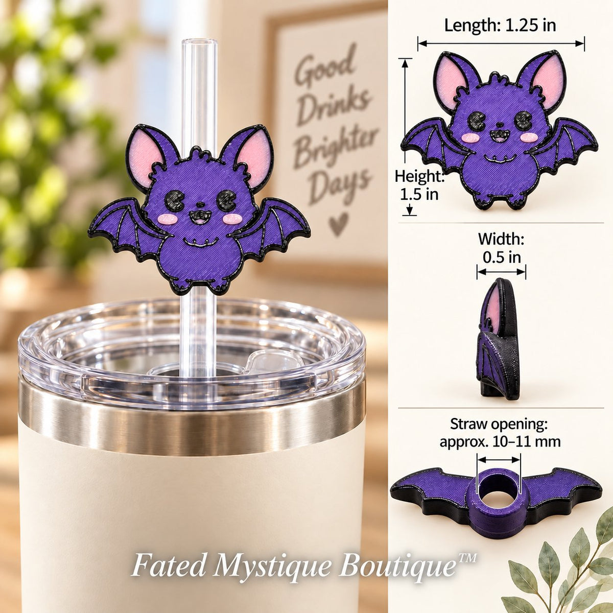 Purple Bat 3D printed straw topper in use on warm farmhouse background with dimensions