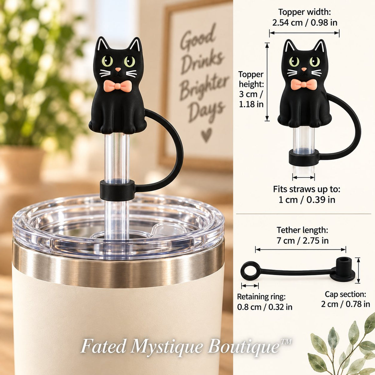 Black Cat Straw Topper straw topper shown in use with measurements and Fated Mystique Boutique watermark
