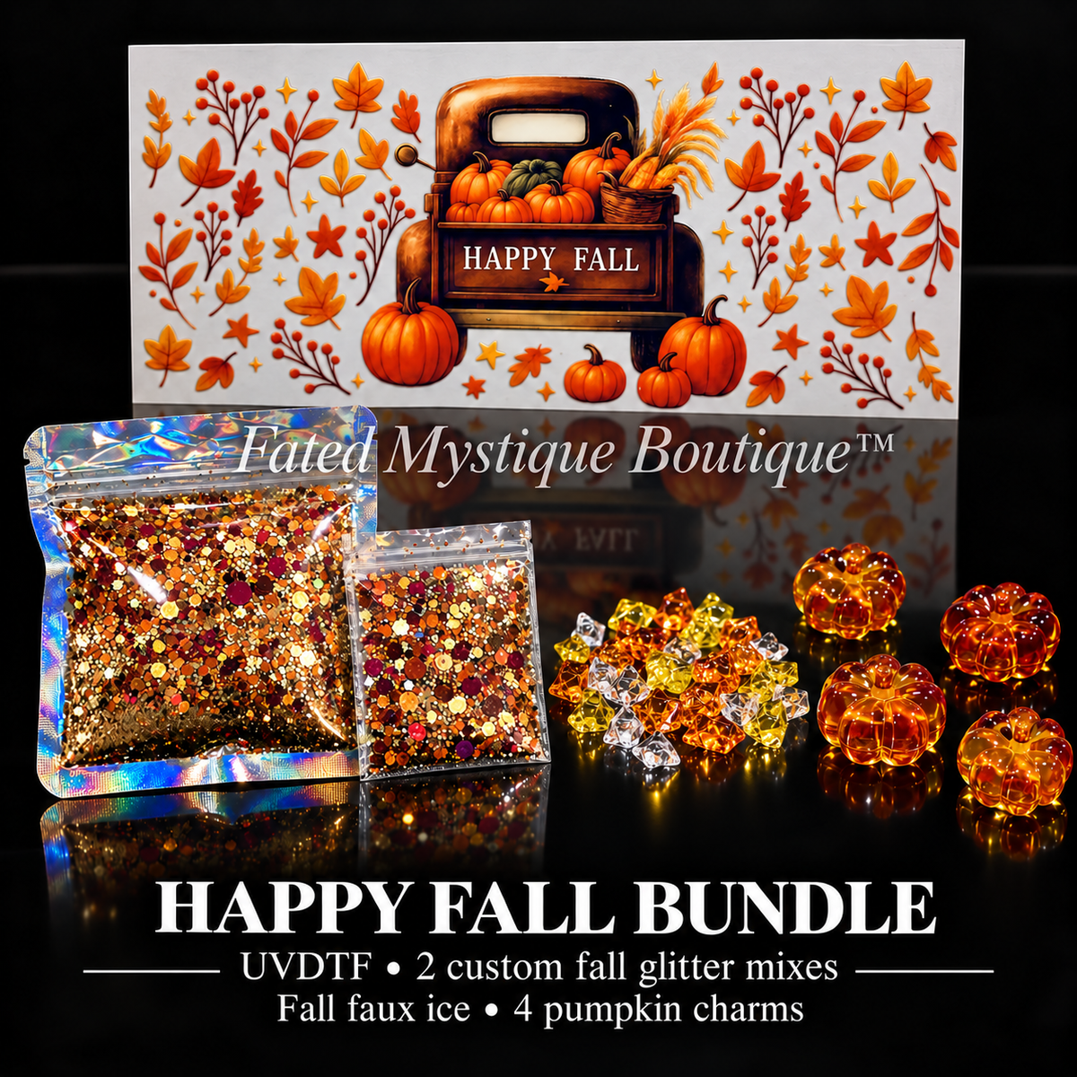 Happy Fall bundle with pumpkin truck UVDTF, two custom fall glitter packs, small crushed faux ice and four translucent pumpkin charms