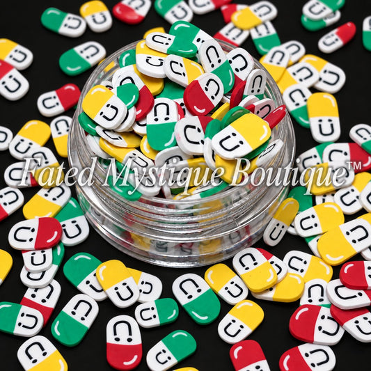 Happy Pills colorful capsule-shaped polymer clay slices with smiley faces for DIY crafts