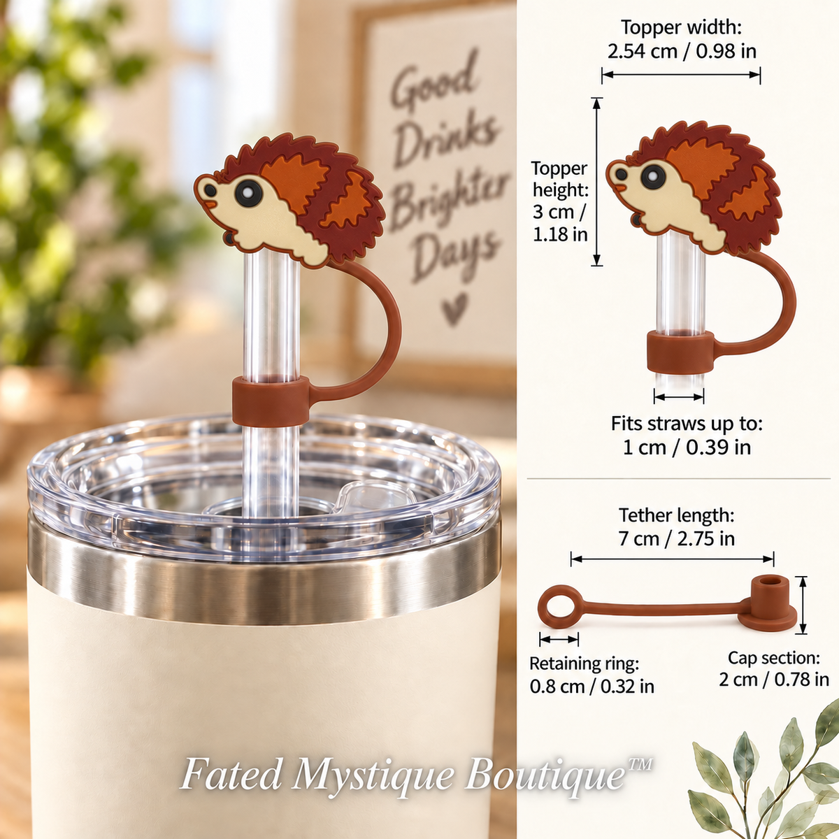 Hedgehog Straw Topper shown in use with measurements and Fated Mystique Boutique watermark