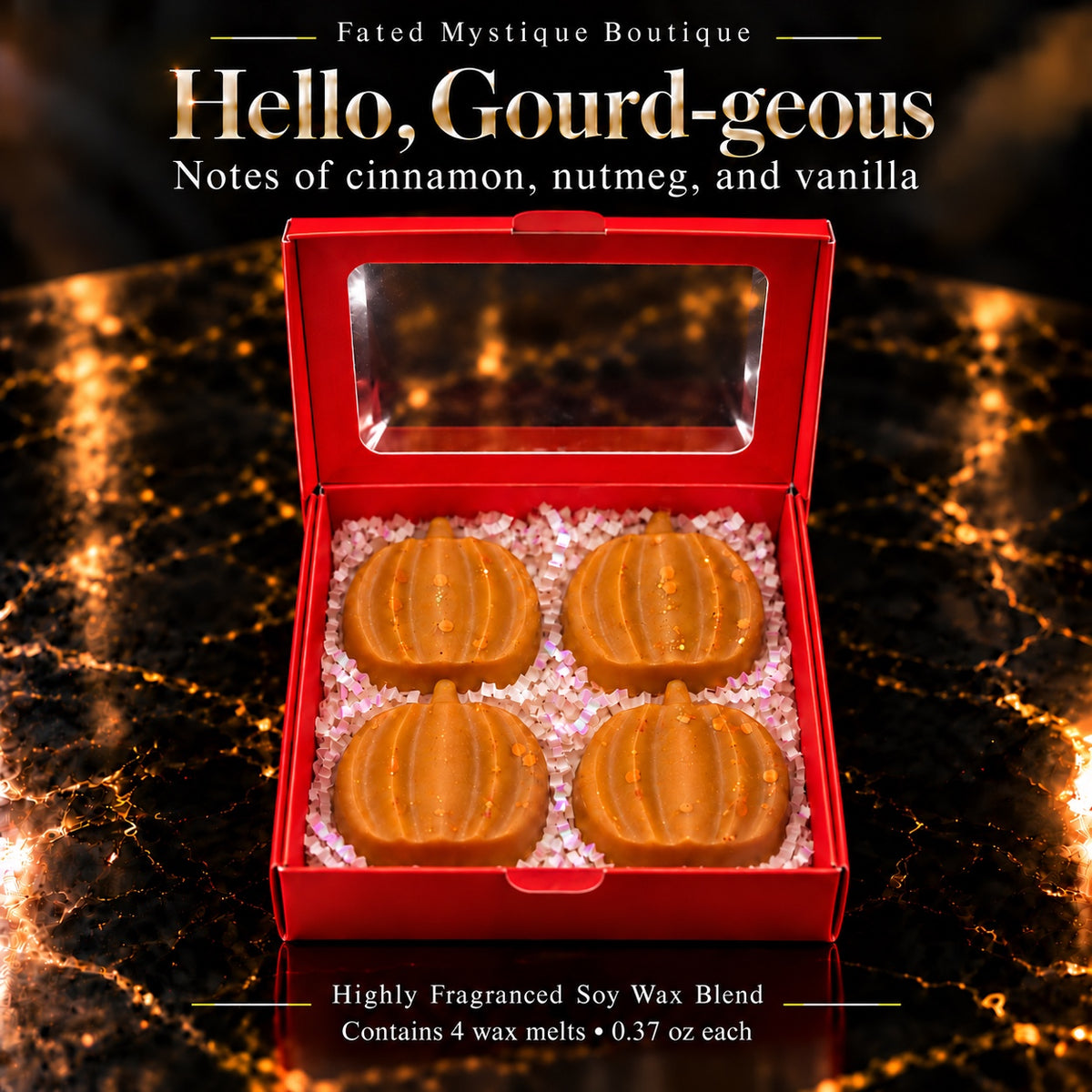Hello, Gourd-geous pumpkin wax melts in an open four-piece gift box