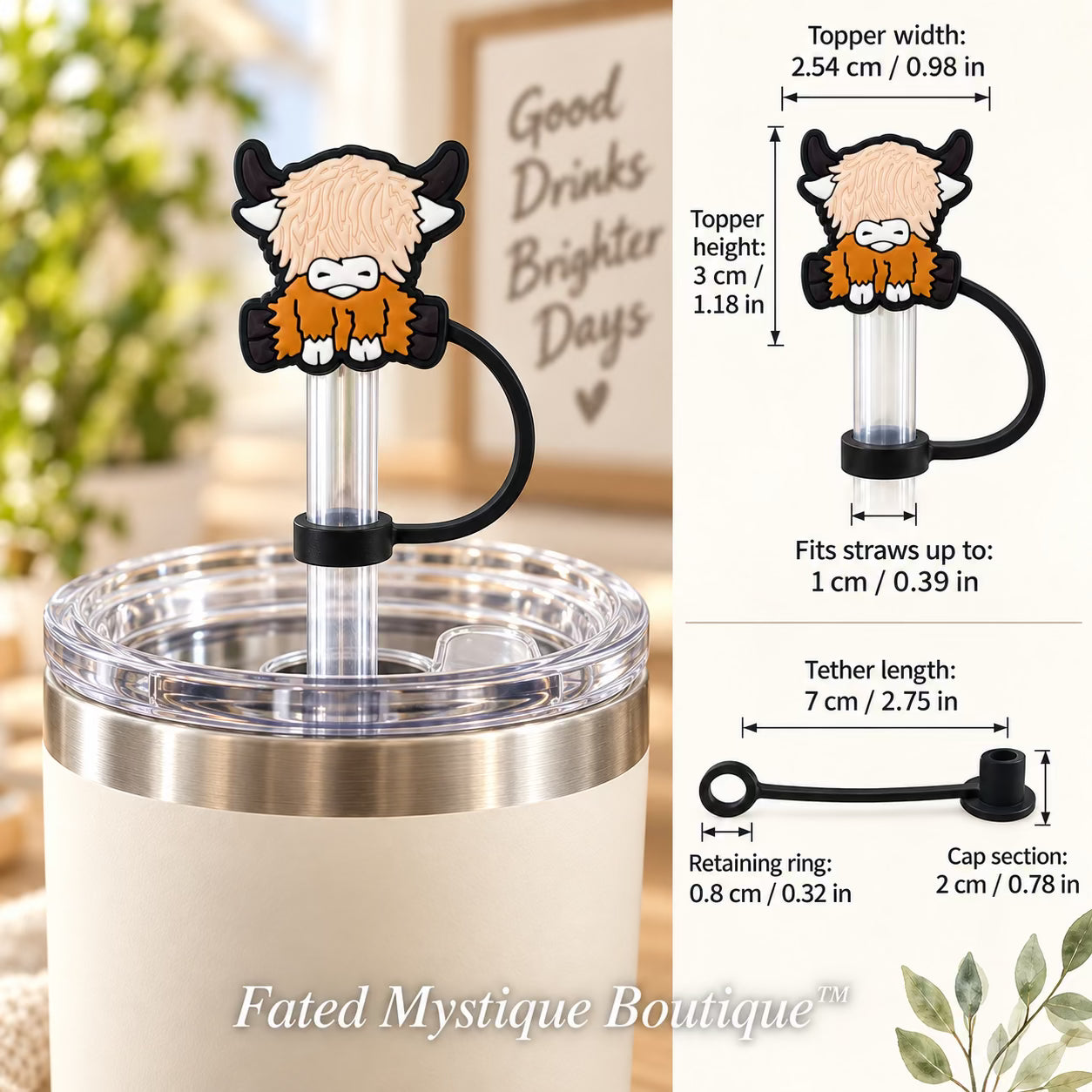 Cow Straw Topper #5 straw topper shown in use with measurements and Fated Mystique Boutique watermark