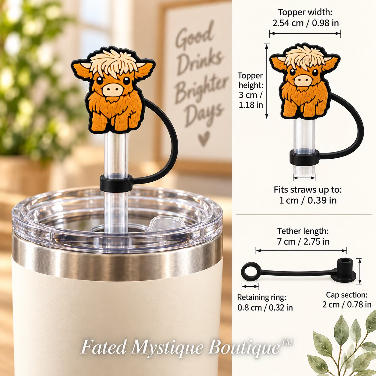 Cow Straw Topper #10 straw topper shown in use with measurements and Fated Mystique Boutique watermark