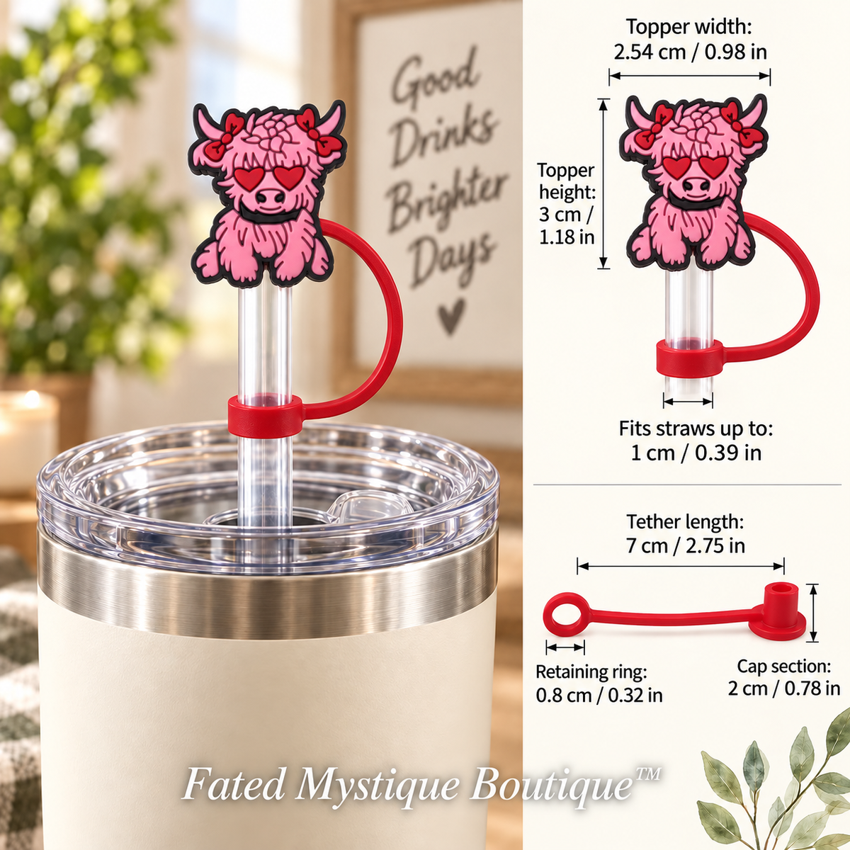 Cow Straw Topper #1 pink heart-eyes Highland cow shown in use with measurements and Fated Mystique Boutique watermark