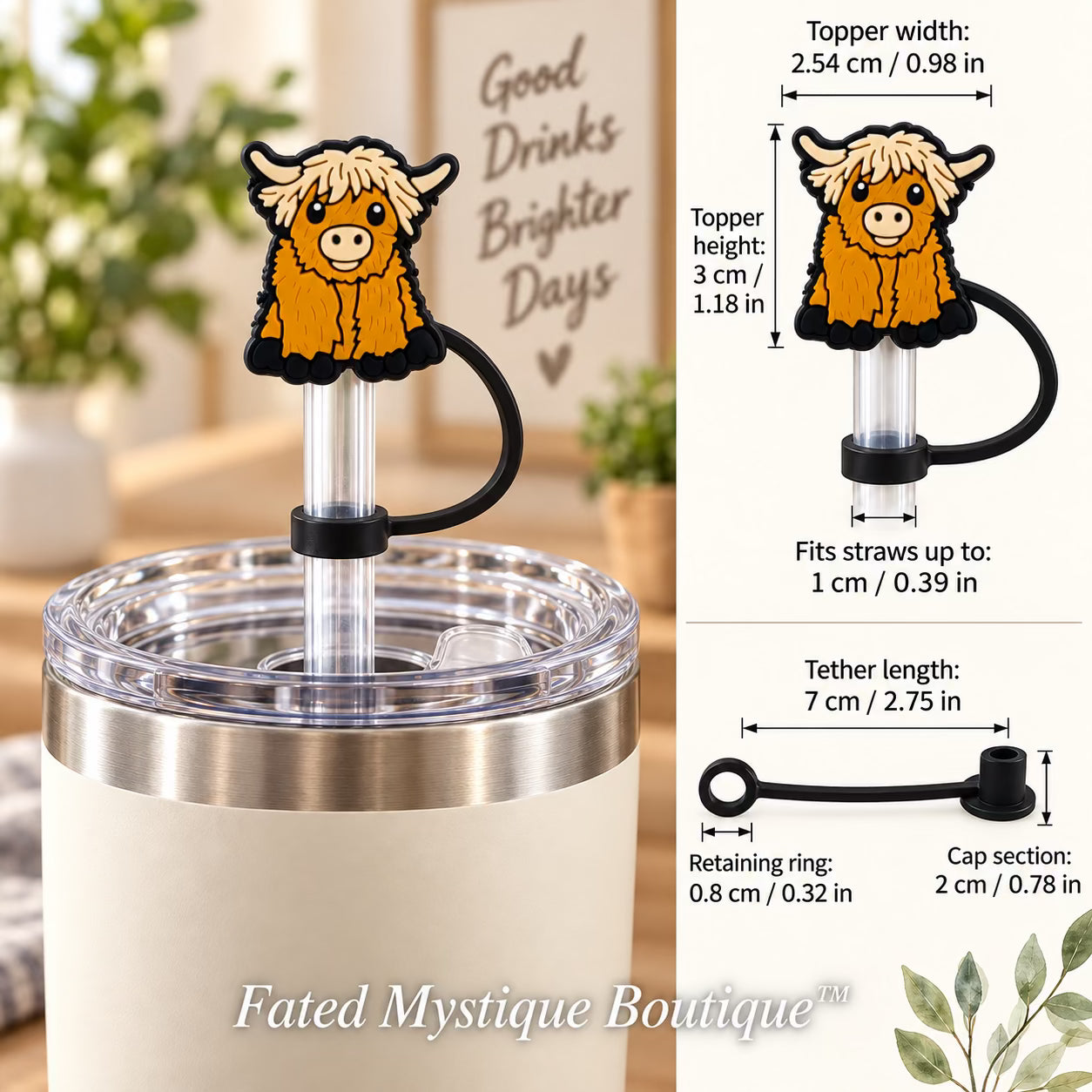 Cow Straw Topper #12 straw topper shown in use with measurements and Fated Mystique Boutique watermark