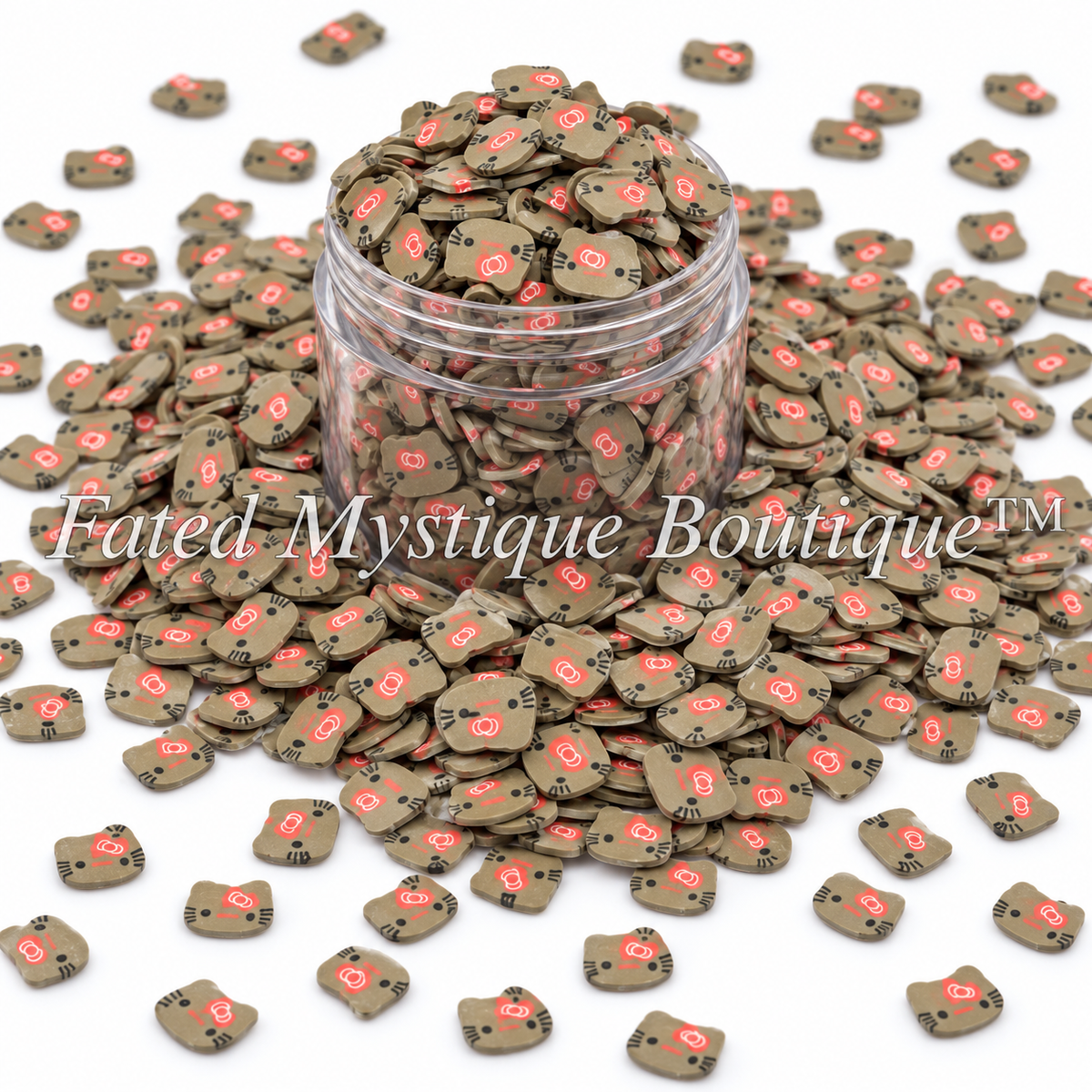HK cat face polymer clay slices in clear jar on white