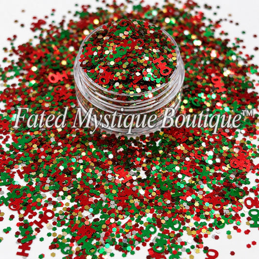 Ho Ho Holiday red and green Christmas shaped glitter with silver and gold glitter for holiday crafts