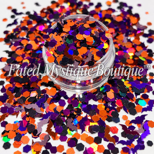 Hocus Pocus and Batty AF purple orange black and lavender bat shaped Halloween glitter mix