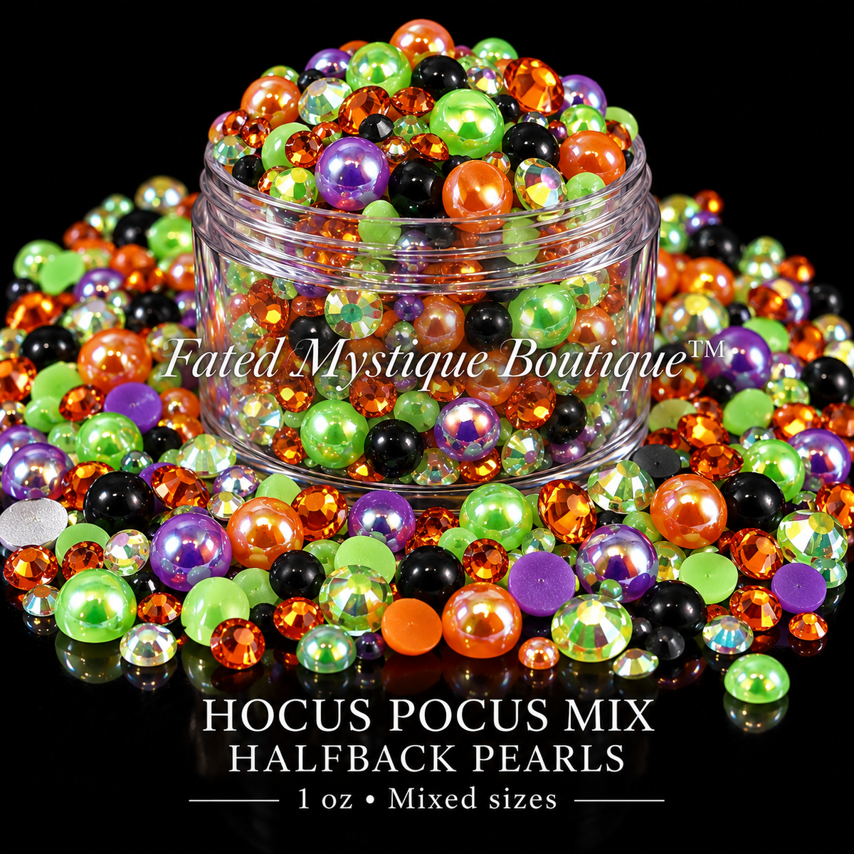 Hocus Pocus Mix Halfback Pearls, 1 oz mixed sizes, centered clear jar with scattered craft embellishments on black — Fated Mystique Boutique