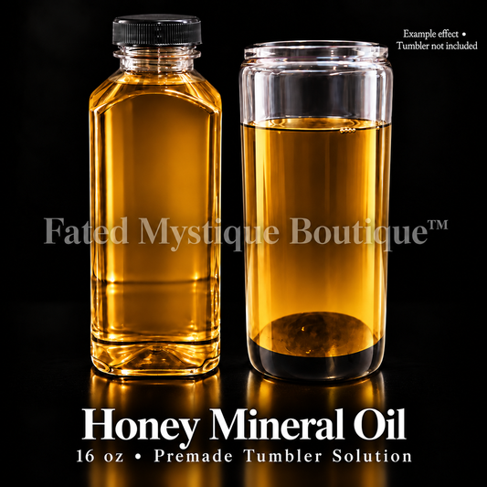 Honey Mineral Oil — 16 oz bottle beside a clear tumbler showing the oil color; example effect, tumbler not included.