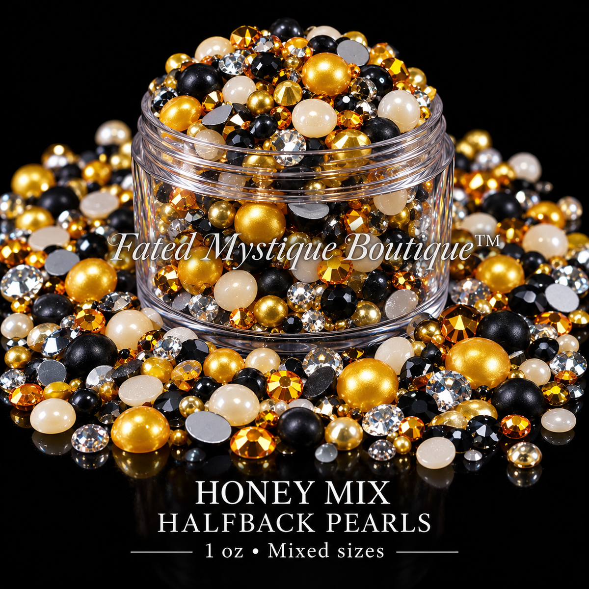 Honey Mix Halfback Pearls, 1 oz mixed sizes, centered clear jar with scattered craft embellishments on black — Fated Mystique Boutique