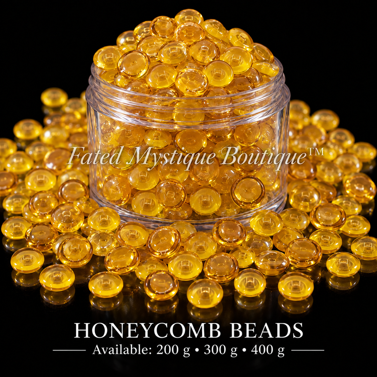 HONEYCOMB BEADS, 200 g, 300 g and 400 g, acrylic beads overflowing a centered clear jar on black — Fated Mystique Boutique