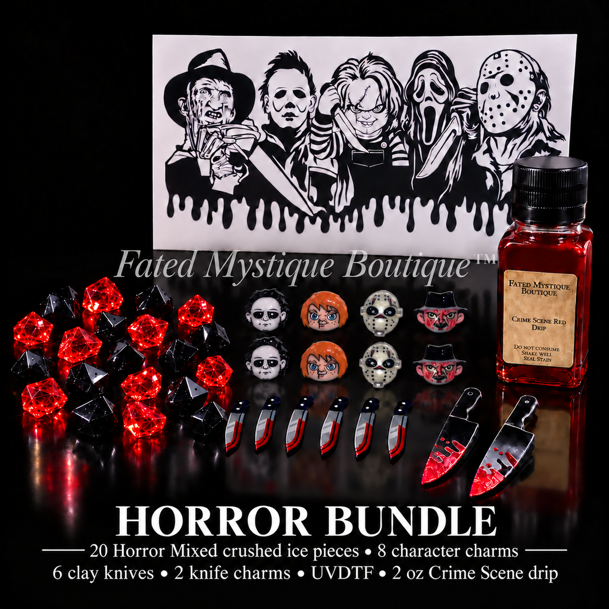 Horror bundle with 20 pieces of red and black crushed ice, eight character charms, six clay knives, two knife charms, horror UVDTF and 2 oz Crime Scene Red Drip