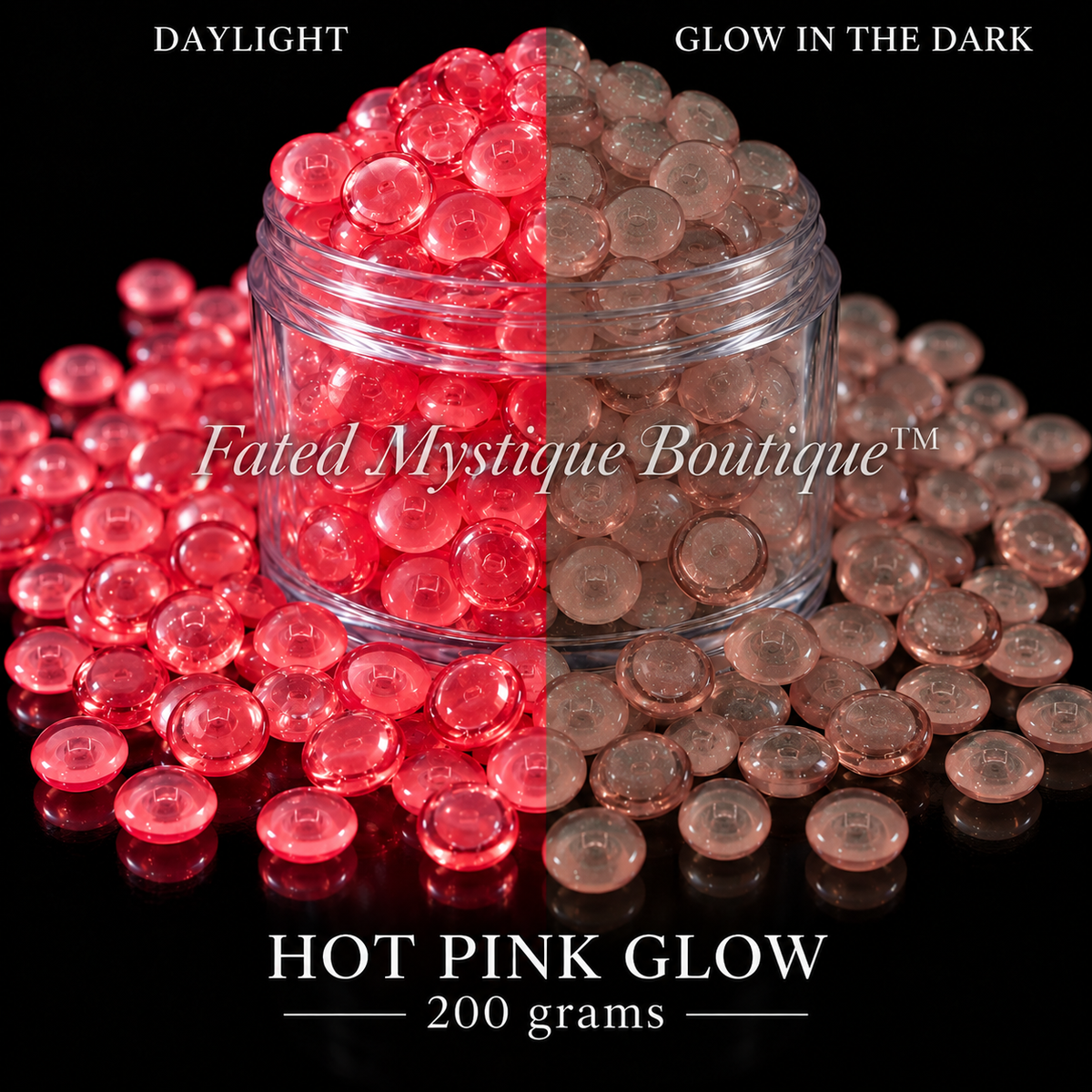 HOT PINK GLOW, 200 grams, acrylic beads overflowing a centered clear jar on black, daylight and glow-in-the-dark views — Fated Mystique Boutique
