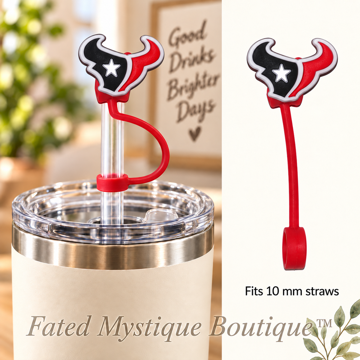 Houston Texans straw topper with matching tether for 10 mm straws — Fated Mystique Boutique