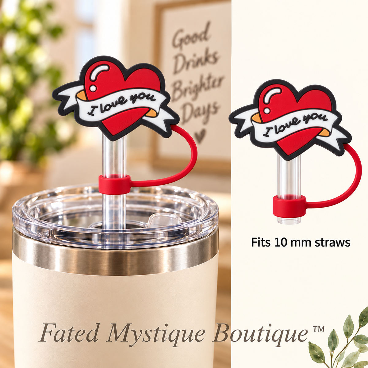 I Love You Heart straw topper with matching tether for 10 mm straws — Fated Mystique Boutique