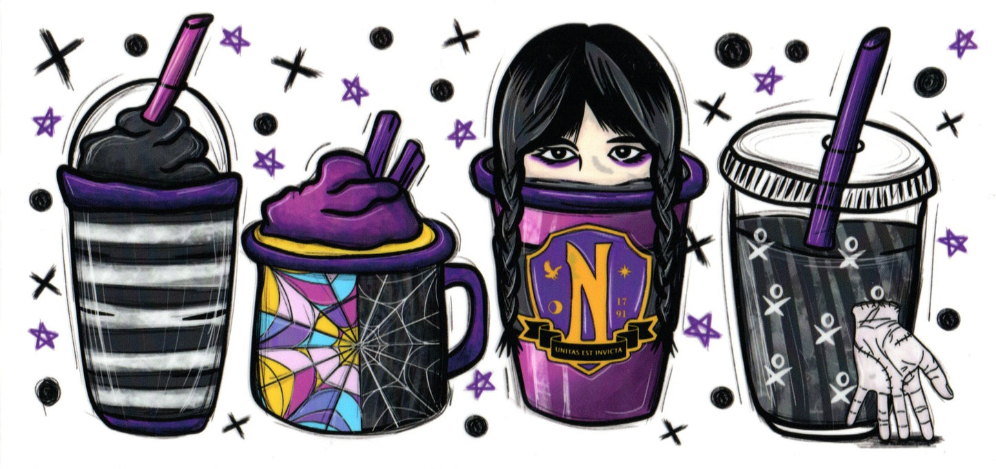 A Halloween-themed tattoo flash design sheet featuring gothic characters and props. The designs include a top cup with a skeleton hand, a middle purple tumbler with a witch's hat and 'N' logo, a spiderweb mug with a purple gloved hand, and a striped cup with a skull straw, all decorated with purple stars and black crosses on a white background.