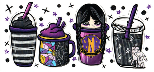 A Halloween-themed tattoo flash design sheet featuring gothic characters and props. The designs include a top cup with a skeleton hand, a middle purple tumbler with a witch's hat and 'N' logo, a spiderweb mug with a purple gloved hand, and a striped cup with a skull straw, all decorated with purple stars and black crosses on a white background.