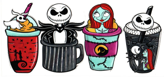 A set of four cartoon-style temporary tattoos featuring Jack Skellington, Sally, and other characters from The Nightmare Before Christmas, arranged vertically on a white background.