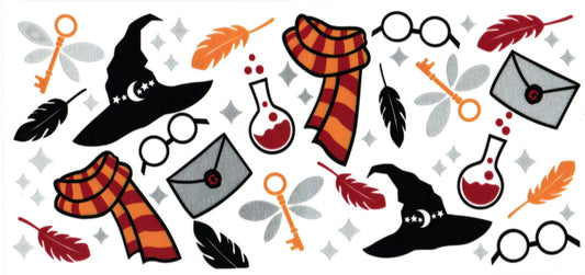 A repeating pattern of Harry Potter themed motifs on a white background, including black witch hats, red and orange striped scarves, gray envelopes, round glasses, keys, feathers, and potion bottles.