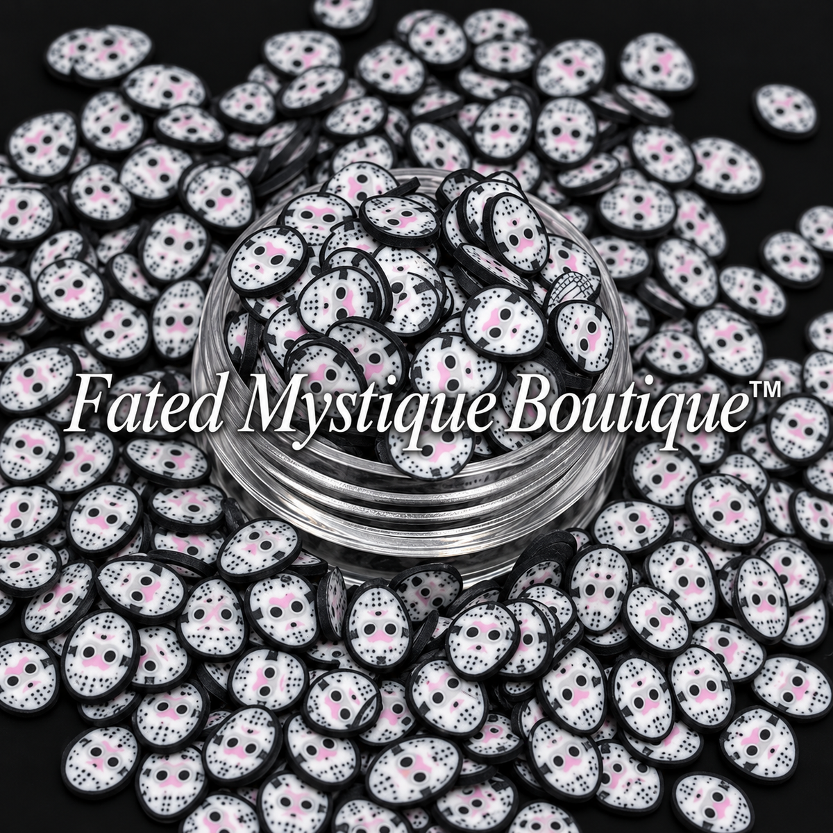 Jason polymer clay slices in a clear jar on a black background — Fated Mystique Boutique
