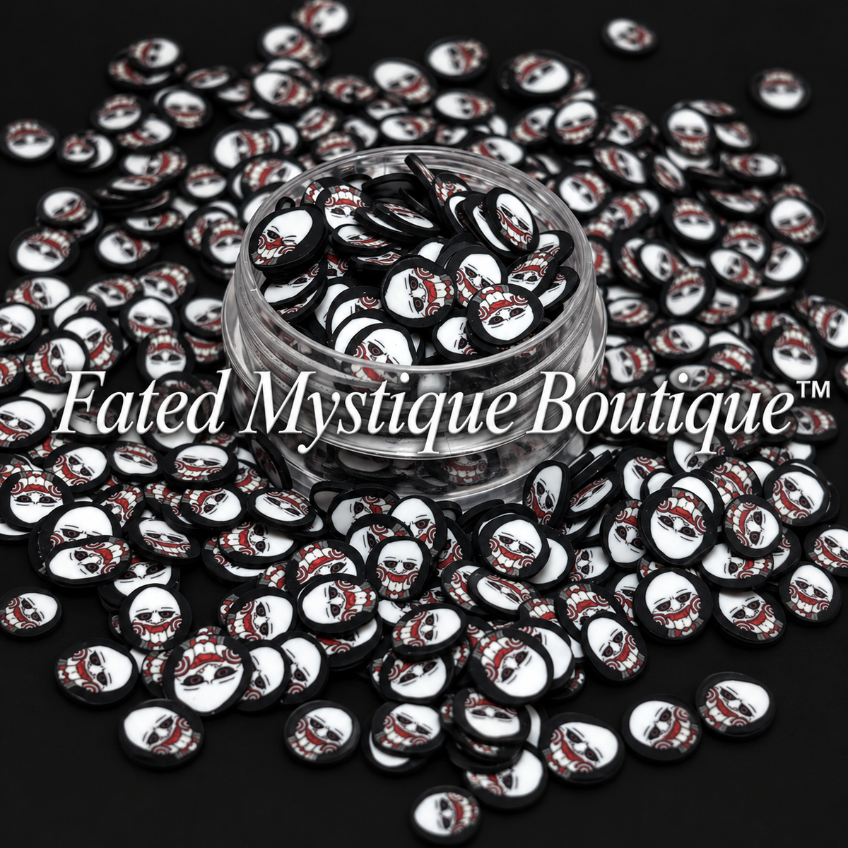 Jigsaw polymer clay slices in a clear jar on a black background — Fated Mystique Boutique