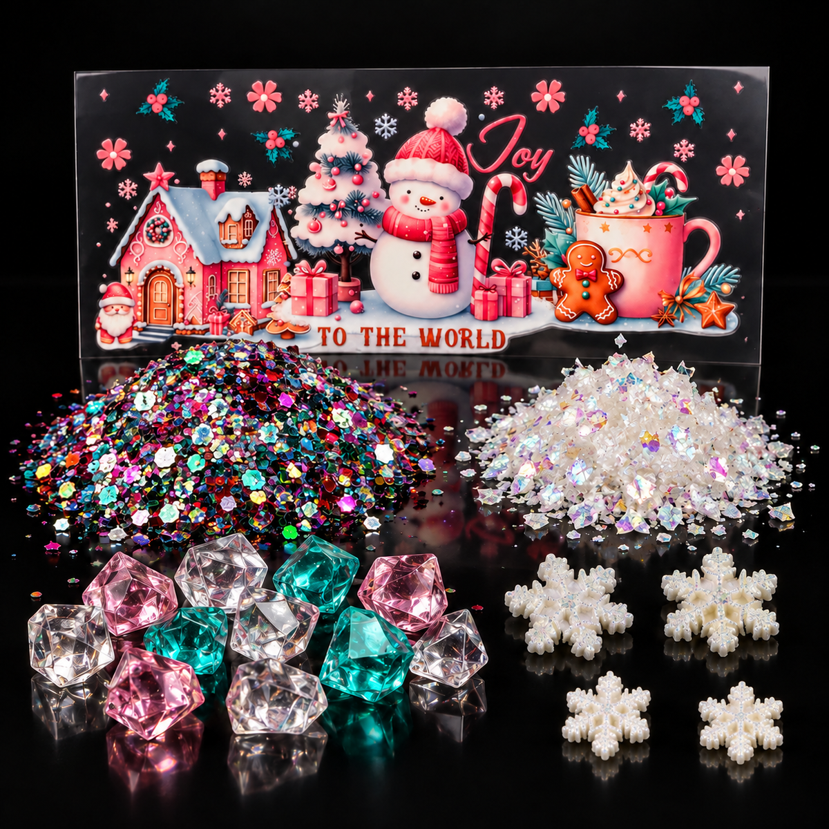 Joy to the World DIY snow globe bundle with two large and two smaller snowflake charms, pink clear teal faux ice, custom glitter and holiday UVDTF